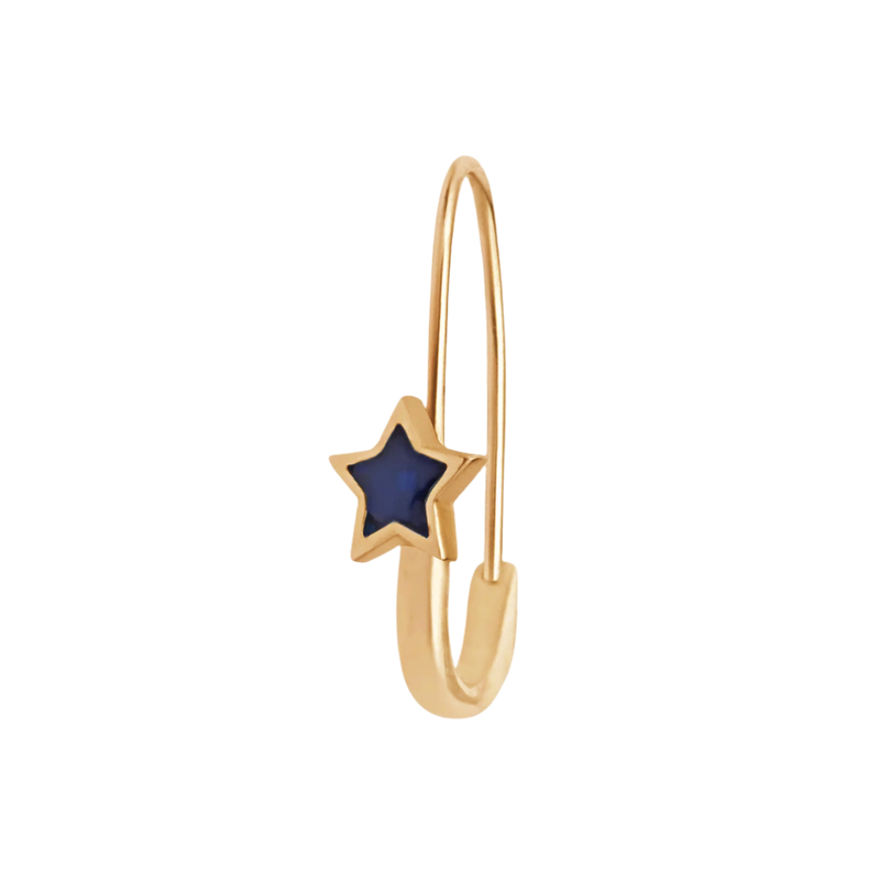Navy Star Safety Pin Enamel Earring -  Solid 9K Gold