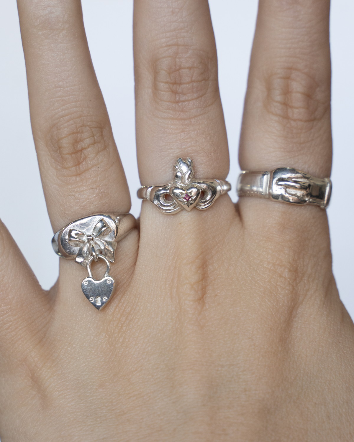 Bow Heart Charm Signet Ring - Sterling Silver