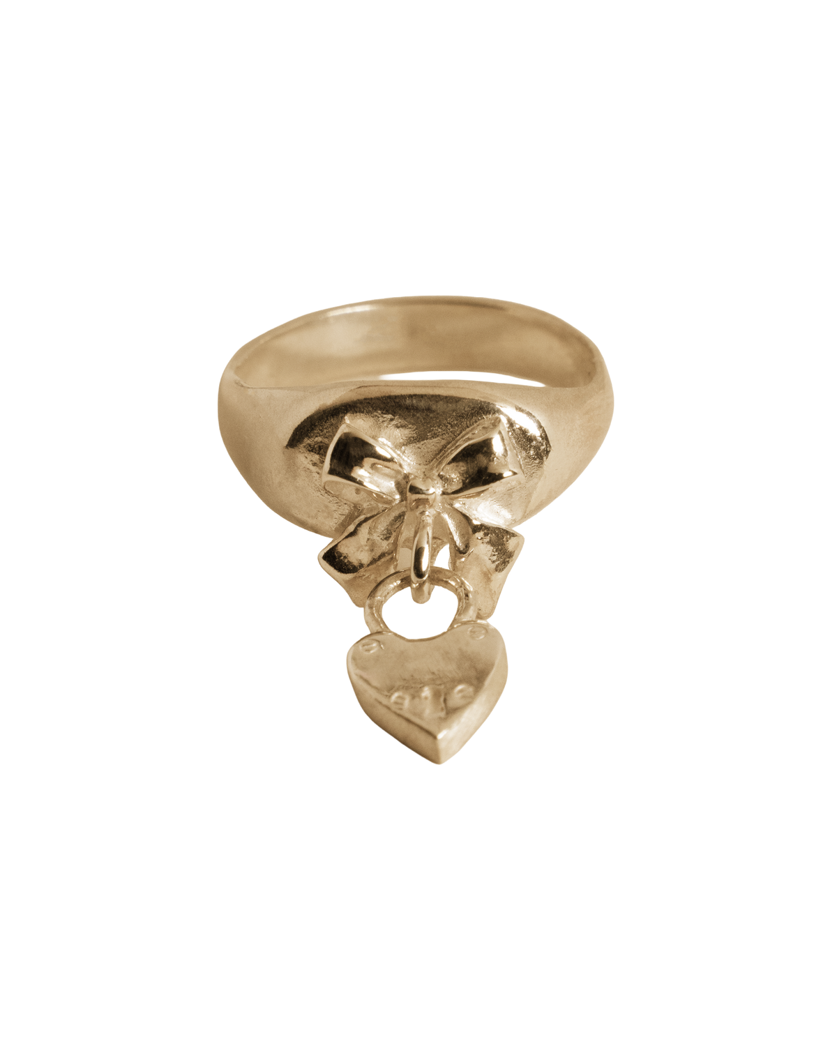 Bow Heart Charm Signet Ring - Solid 9k Gold