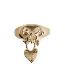 Bow Heart Charm Signet Ring - Solid 9k Gold