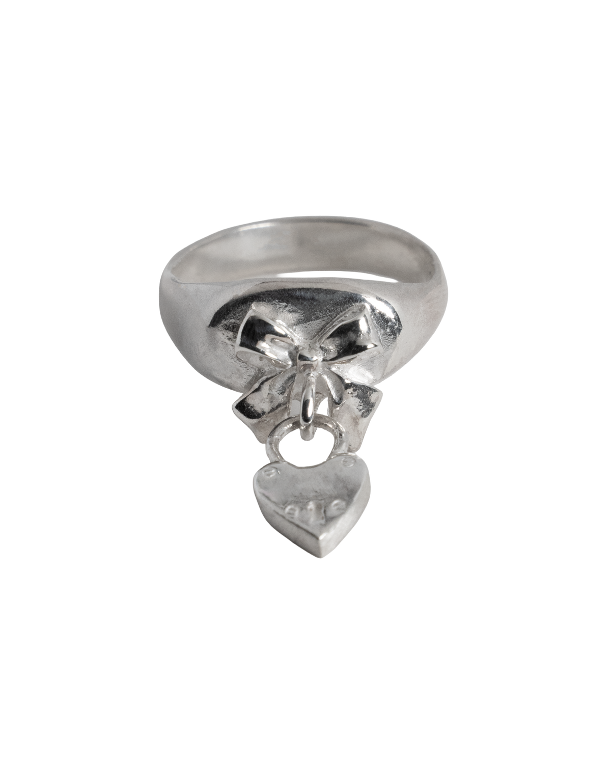 Bow Heart Charm Signet Ring - Sterling Silver