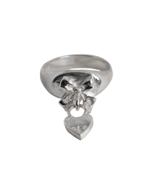 Bow Heart Charm Signet Ring - Sterling Silver