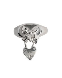 Bow Heart Charm Signet Ring - Sterling Silver