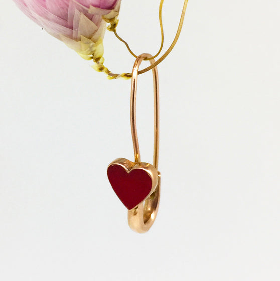 Red Heart Safety Pin Enamel Earring - Solid 9K Gold