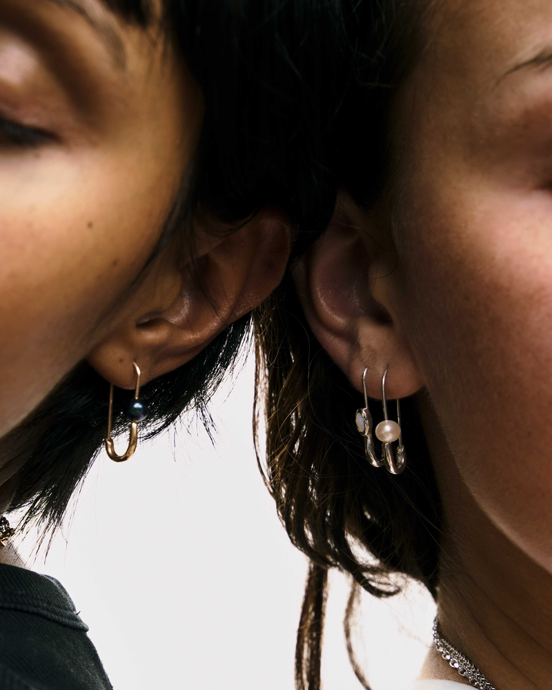 Black Pearl Safety Pin Earring - Solid 9K Gold