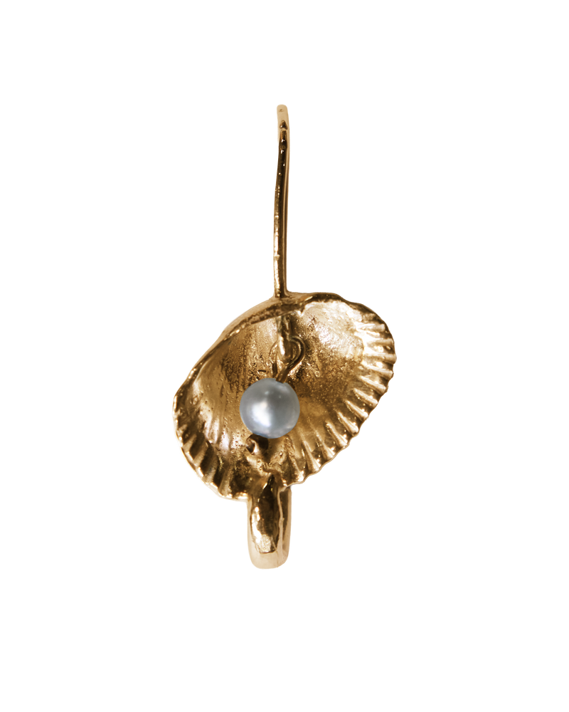 Seashell Pearl Safety Pin Earring - 9K Solid Yellow Gold