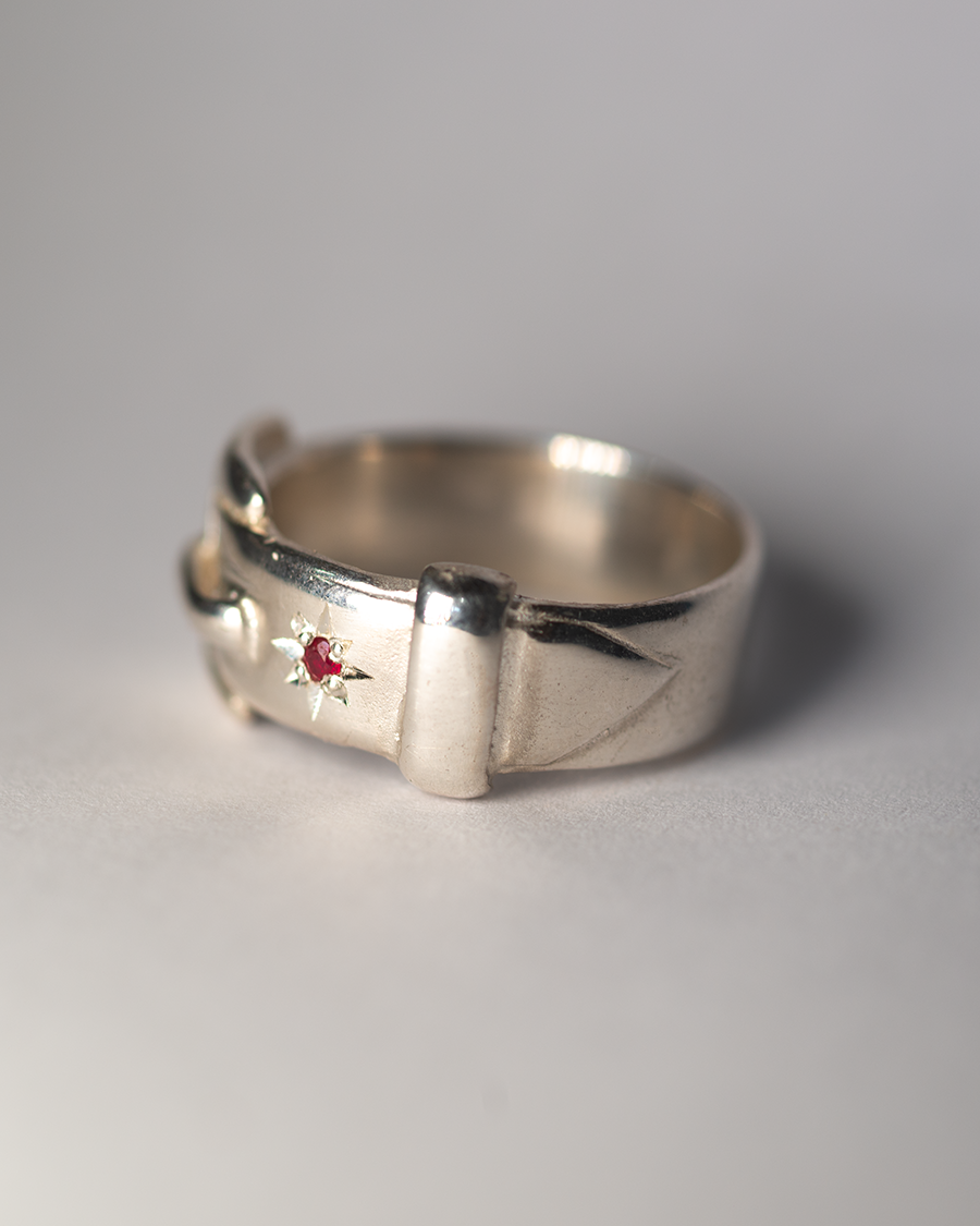 Birthstone Big Buckle Ring - Sterling Silver