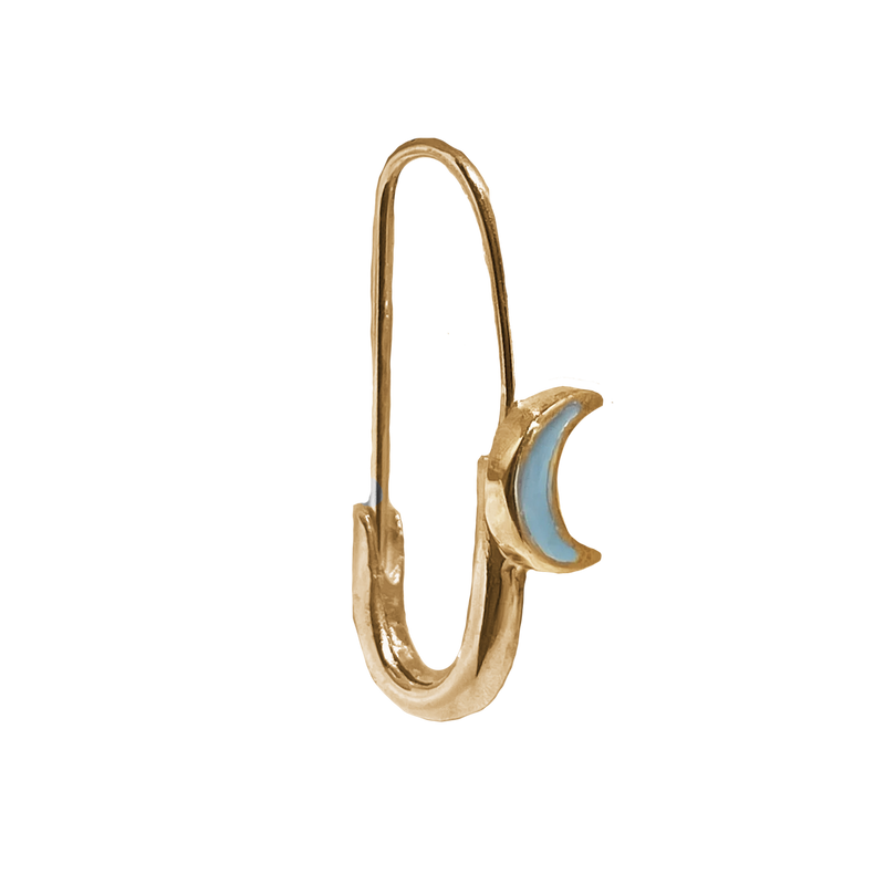 Crescent Moon Safety Pin Enamel Earring - Solid 9K Gold