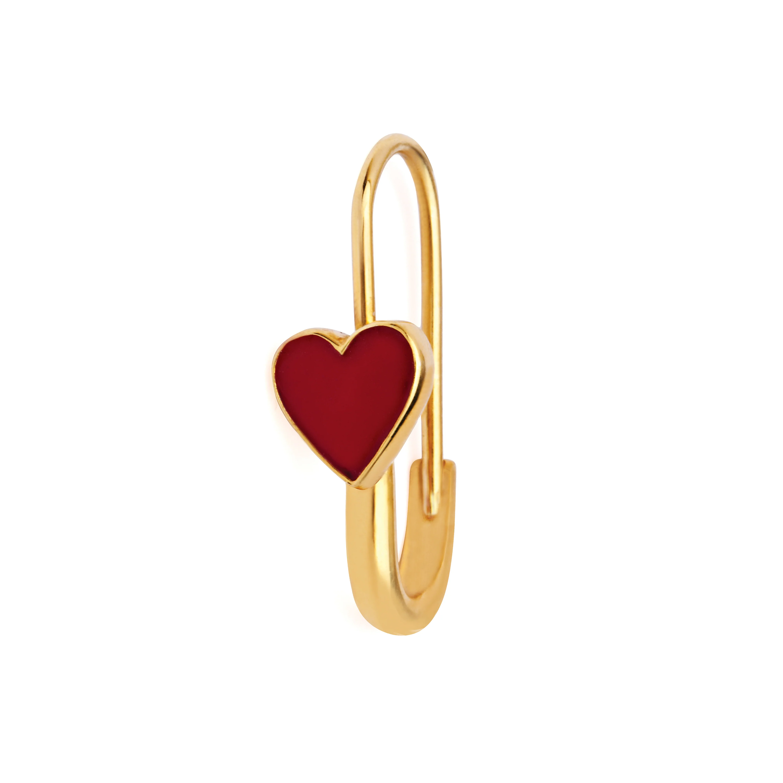 Red Heart Safety Pin Enamel Earring - Solid 9K Gold