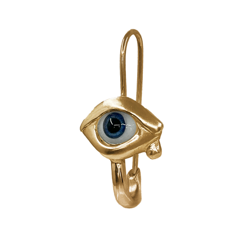 Glass Eye Safety Pin Earring - Solid 9K Gold