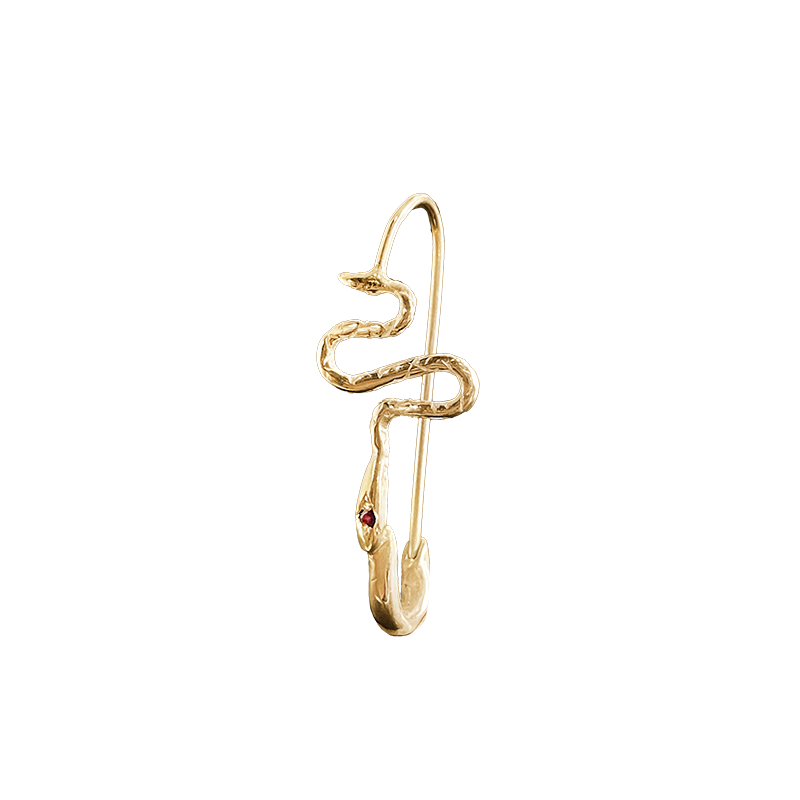 Ophidian Birthstone Safety Pin Earring - Solid 9K Gold | Serpent & the Swan