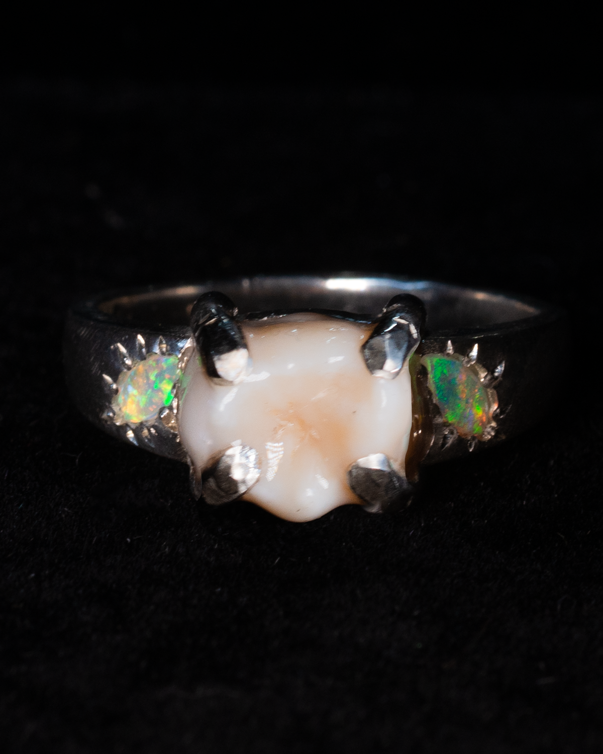 A solid 9ct rose gold ribbon ring holding two baby teeth, with a row of small rubies across the bow