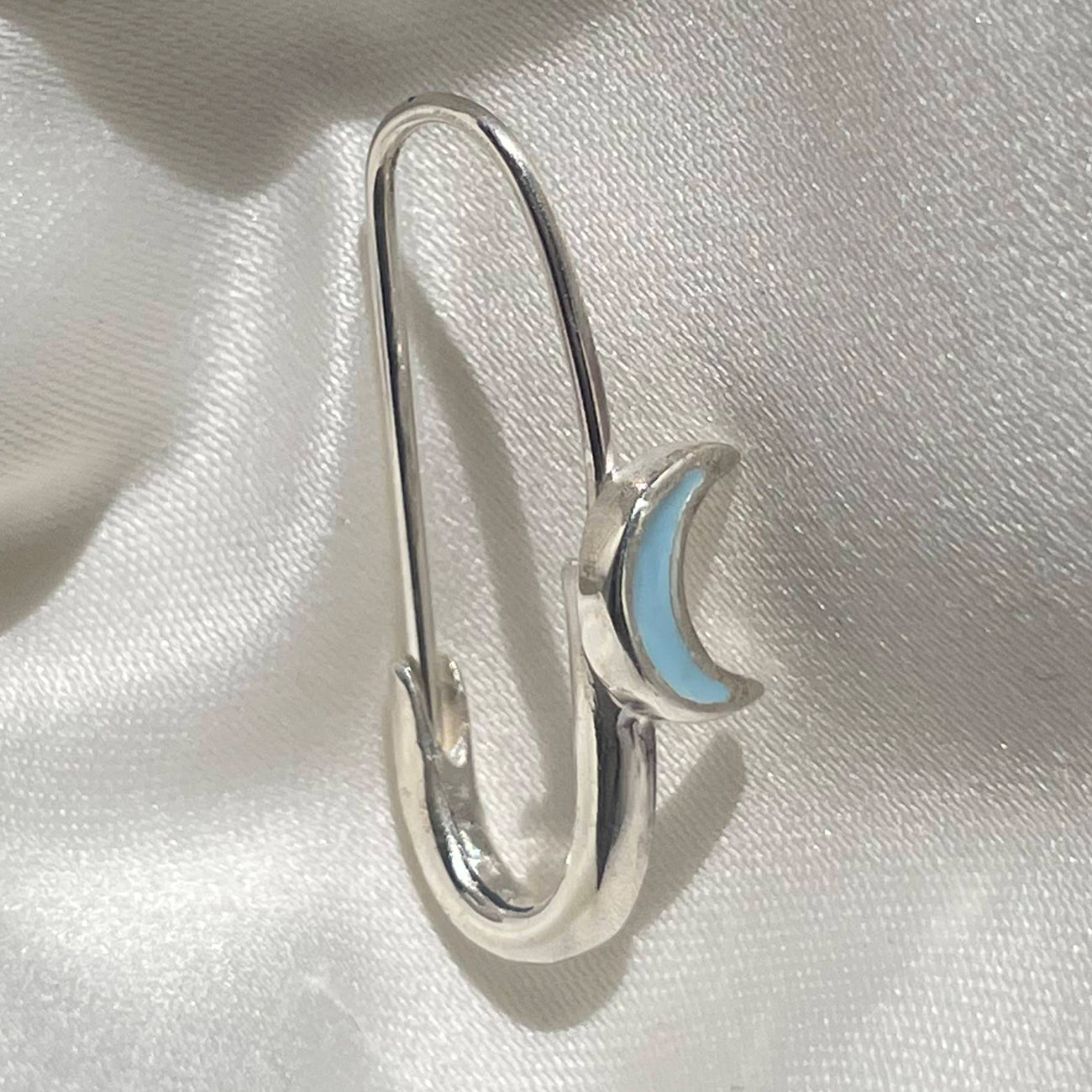 Crescent Moon Safety Pin Enamel Earring Silver