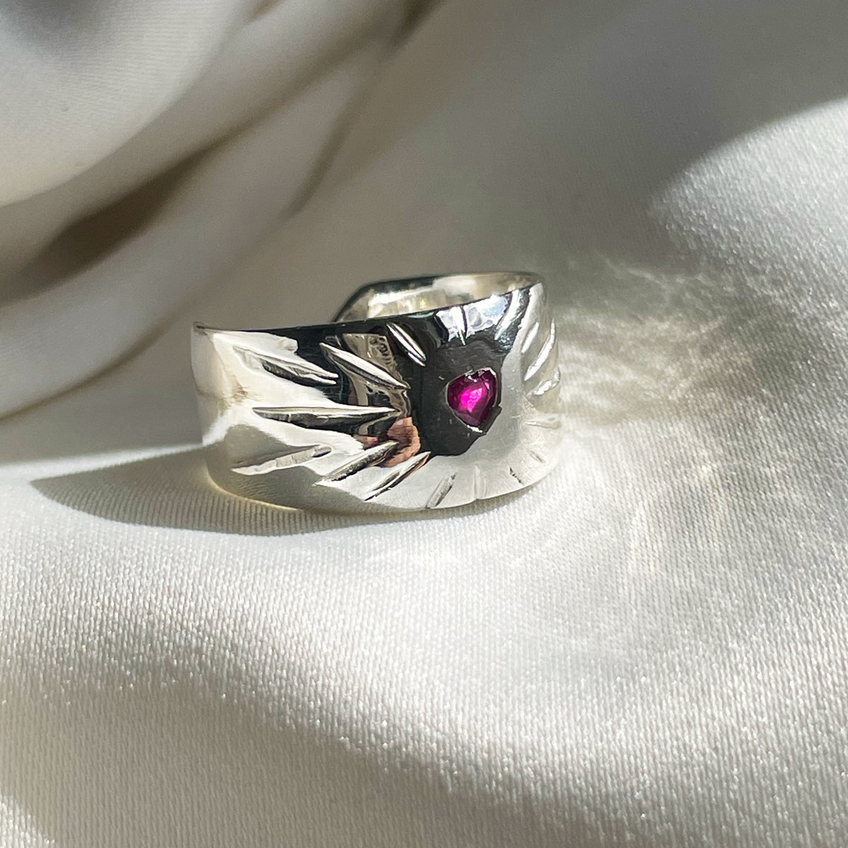 Ruby Rays Heart Ring Silver Serpent the Swan