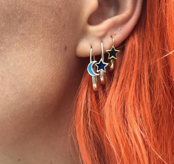 Crescent Moon Safety Pin Enamel Earring Gold