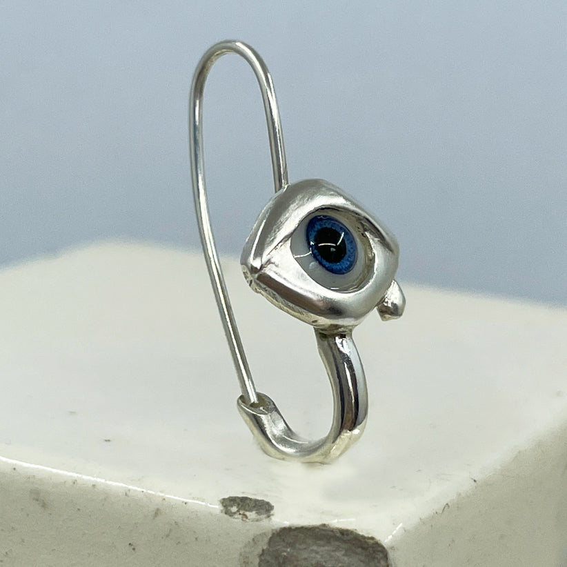 Glass Eye Safety Pin Earring - Sterling Silver