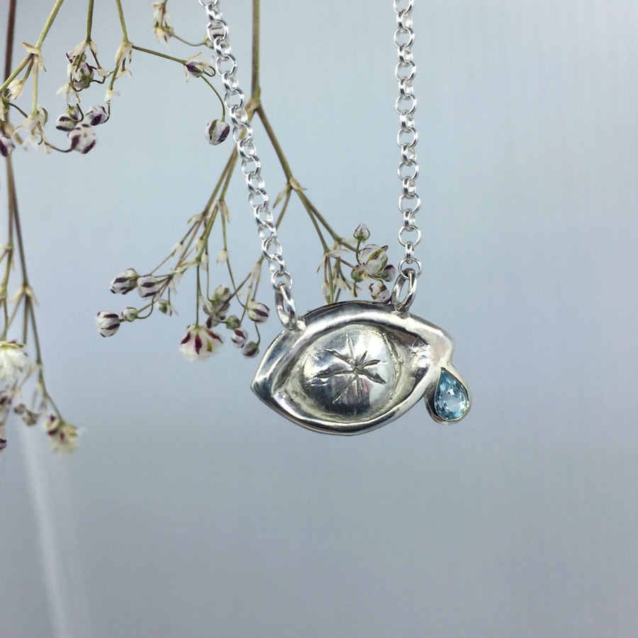 Crying Eye with Crystal Tear Necklace Silver